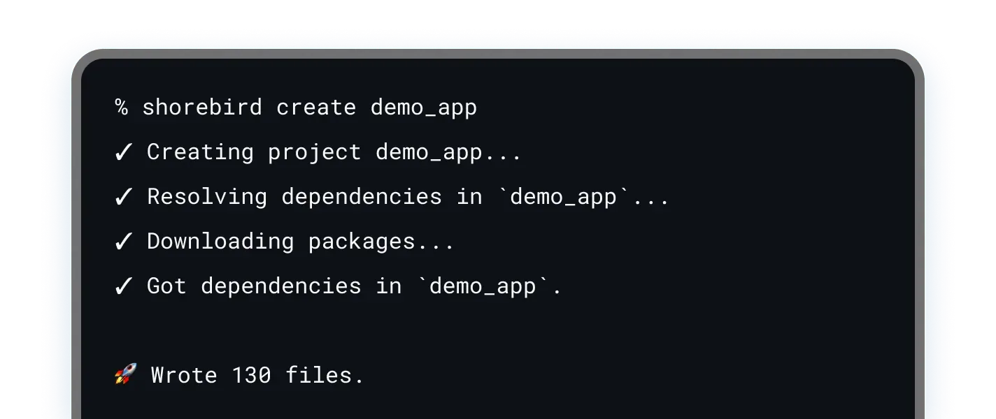 Shorebird CLI creating a Flutter app project, showing dependency resolution, package downloads, and successful project setup