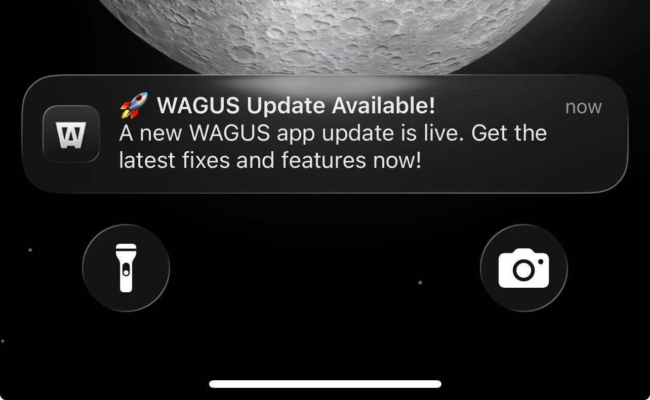 A WAGUS app notification altering a user to an update that is ready to be installed via Shorebird